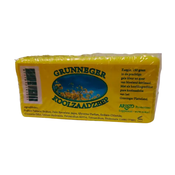 Koolzaadzeep staand voorkant in verpakking Groninger Koolzaadzeep