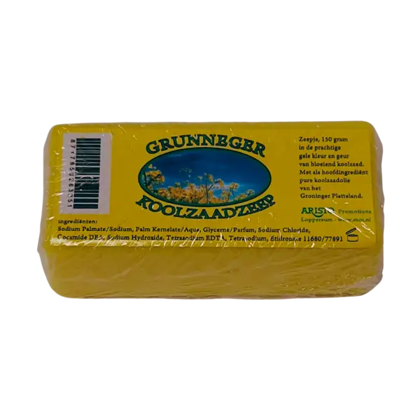 Koolzaadzeep voorkant liggend in verpakking Groninger Koolzaadzeep
