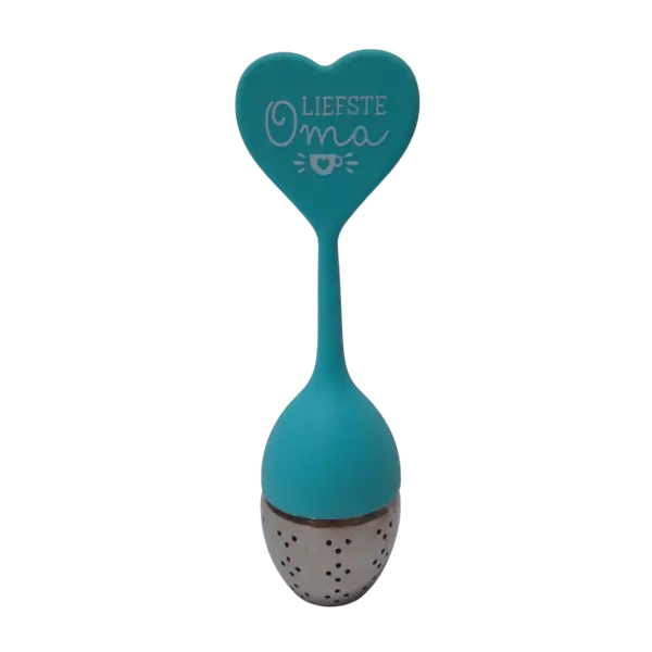 Siliconen thee-ei met tekst Oma uit verpakking voorkant Siliconen thee-ei met tekst Oma