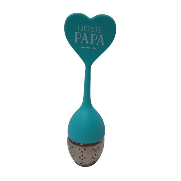 Siliconen thee-ei met tekst Papa uit verpakking voorkant Siliconen thee-ei met tekst Papa