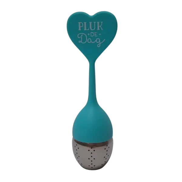 Siliconen thee-ei met tekst Pluk de dag voorkant Siliconen thee-ei met tekst Pluk de Dag