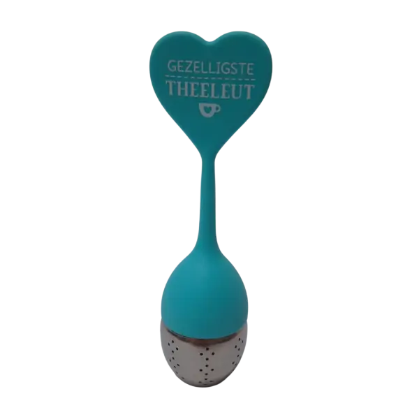 Siliconen thee-ei met tekst Theeleut uit verpakking voorkant Siliconen thee-ei met tekst Theeleut