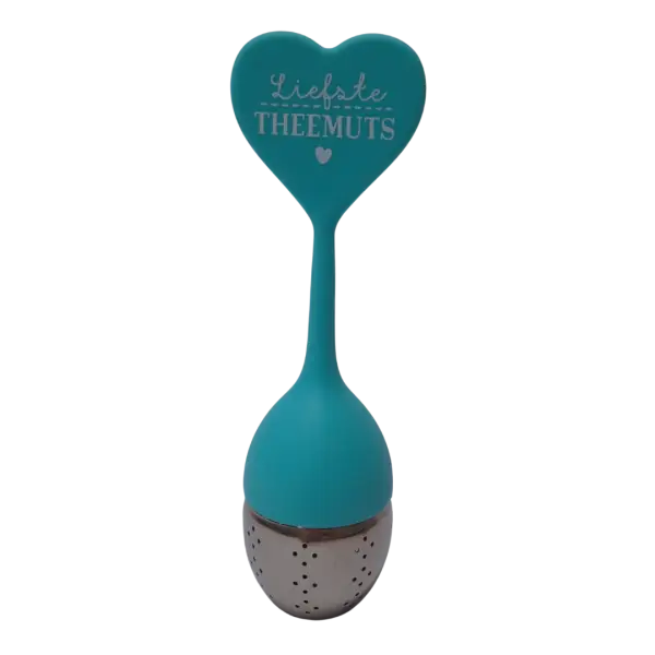 Siliconen thee-ei met tekst Theemuts uit verpakking voorkant Siliconen thee-ei met tekst Theemuts