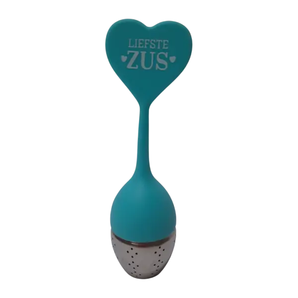 Siliconen thee-ei met tekst Zus uit verpakking voorkant Siliconen thee-ei met tekst Zus