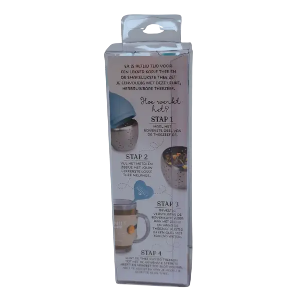 Siliconen thee-ei met tekst in verpakking achterkant Siliconen thee-ei met tekst, turquoise en diverse teksten