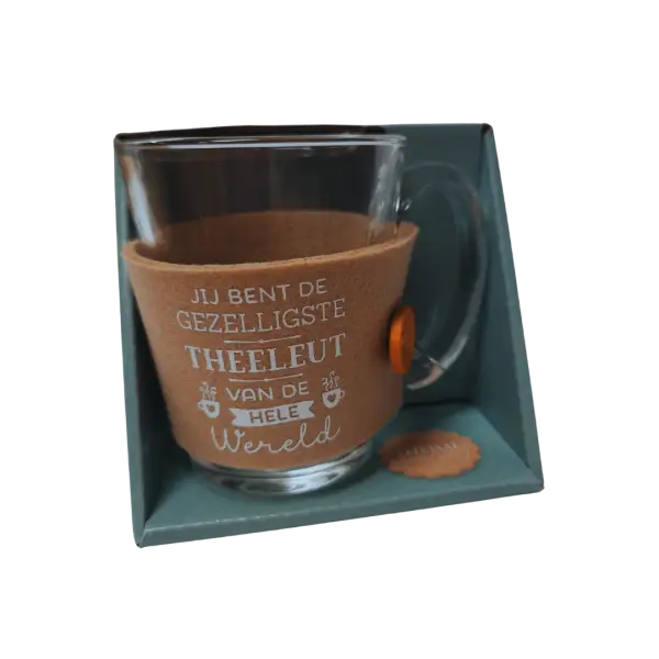 Theeglas met vilt en tekst Gezelligste Theeleut Theeglas met vilt en tekst Gezelligste Theeleut