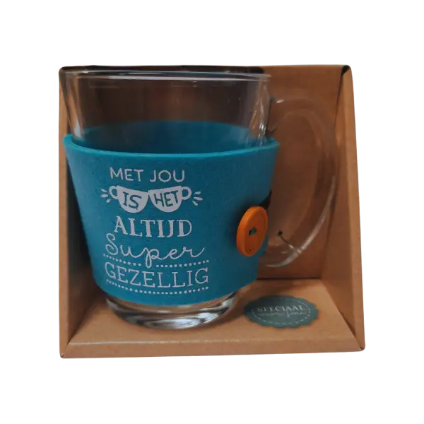 Theeglas met vilt en tekst Met jou super gezellig Theeglas met vilt en tekst Met jou super gezellig