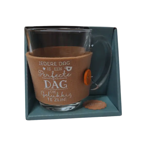 Theeglas met vilt en tekst Perfecte Dag Theeglas met vilt en tekst Perfecte Dag