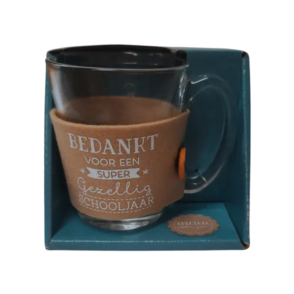 Theeglas met vilt en tekst Schooljaar Theeglas met vilt en tekst Schooljaar
