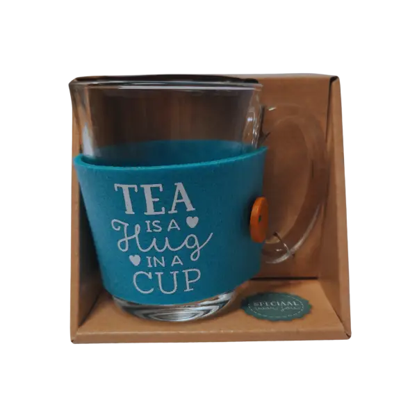 Theeglas met vilt en tekst Tea is a Hug Theeglas met vilt en tekst Tea is a Hug