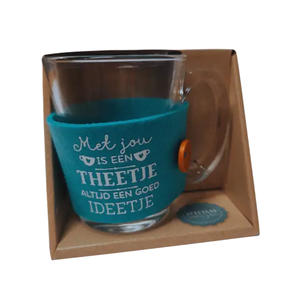 Theeglas met vilt en tekst Theetje goed Ideetje Theeglas met vilt en tekst Theetje goed Ideetje