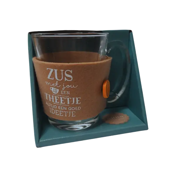 Theeglas met vilt en tekst Zus Theeglas met vilt en tekst Zus