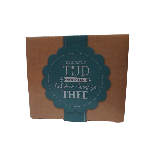 Theeglas met vilt en tekst doos achterkant bruin Theeglas met vilt en tekst, diverse teksten, vilt is bruin of turquoise