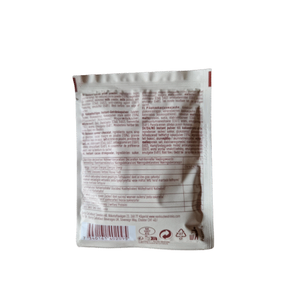 Achterkant zakje Van Houten chocolademelk mix