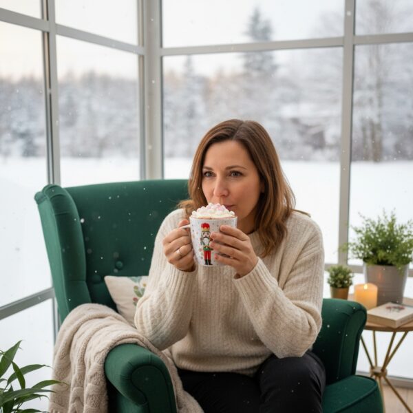 vrouw drinkende warme chocolademelk in serre